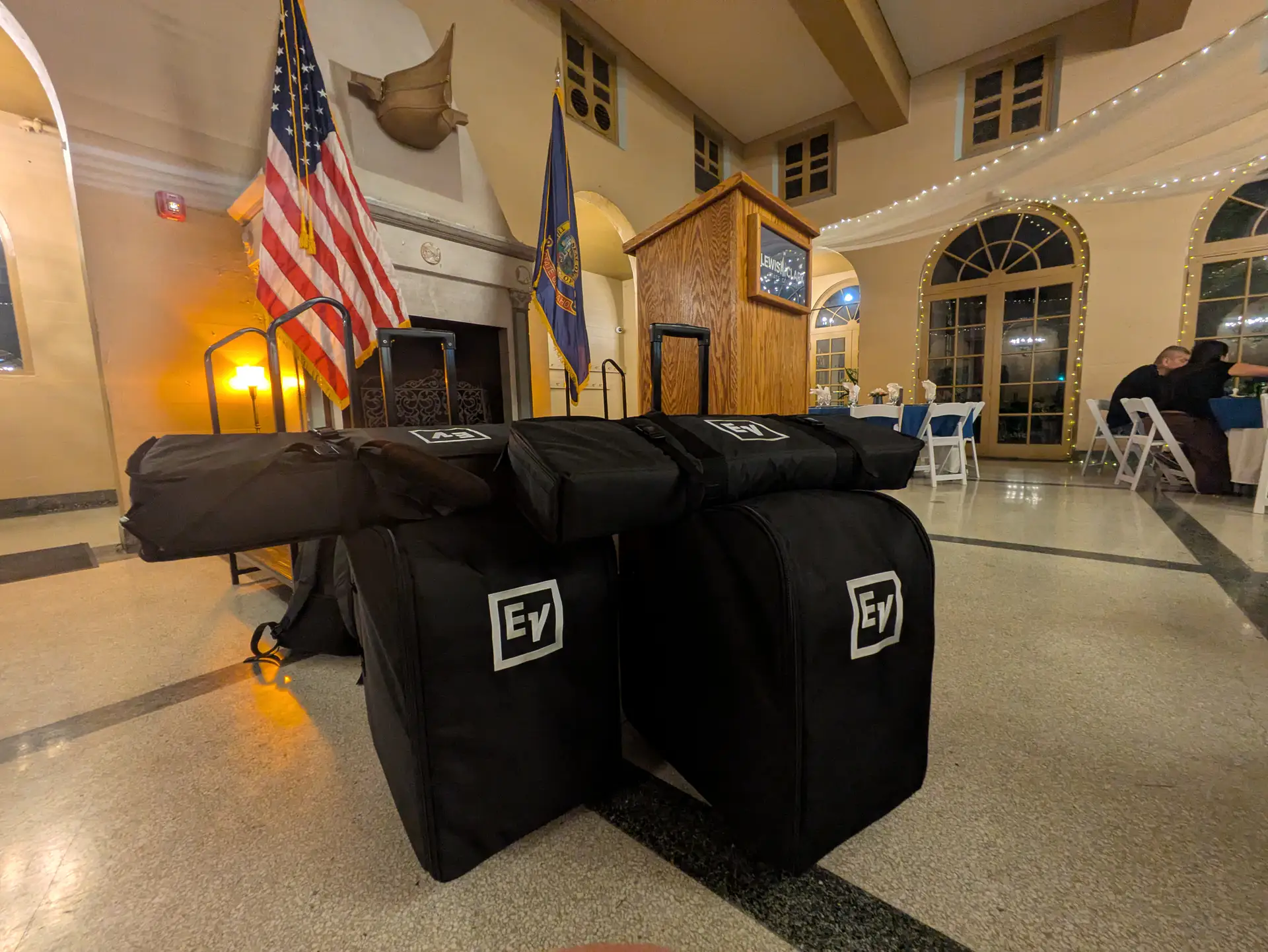 Packed-away event audio system ready for transport